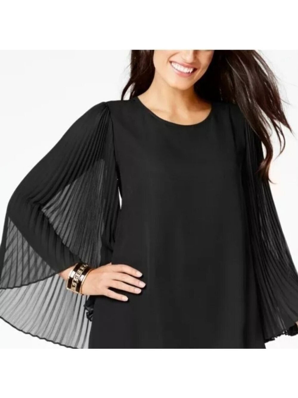Anthropologie W5 Black Knit Top with Pleated Sheer Bell Sleeves Size Large